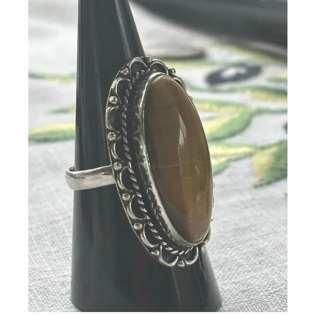 Silver Oval Tiger Eye Ring Size 8